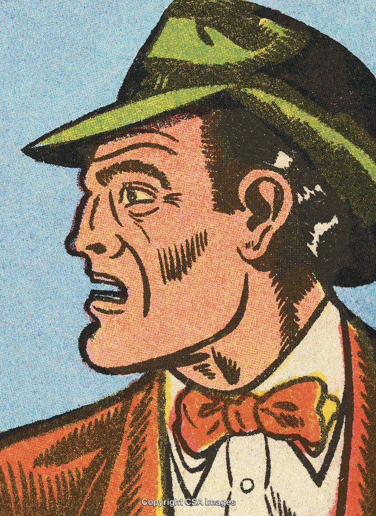 Classic Comic Style Illustration of a Man Wearing a Hat and Bowtie