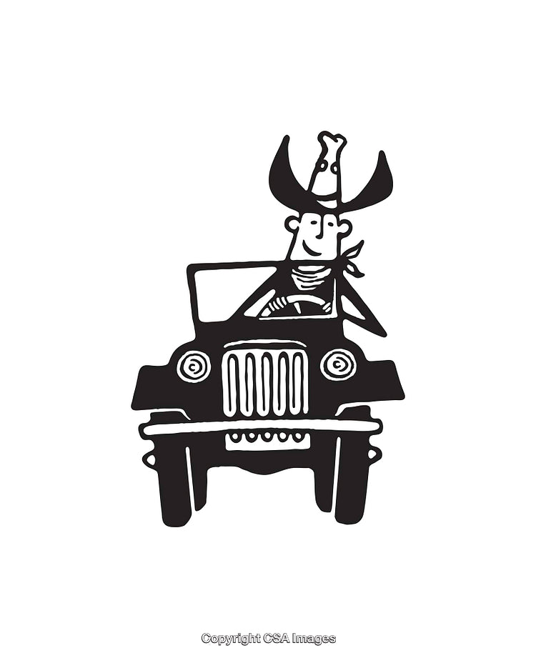 Black and White Line Art of Cowboy Driving a Jeep