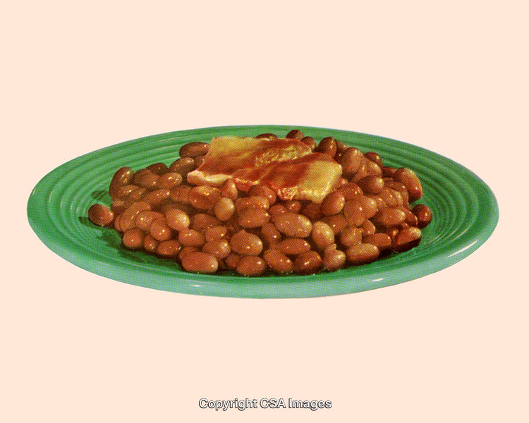 Retro Style Plate of Beans and Bacon in Vintage Dot Screen Texture