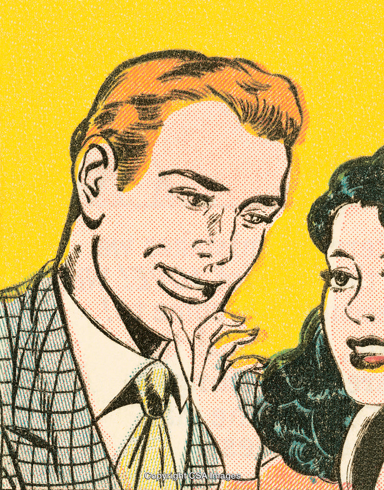 Vintage Comic Style Illustration of Smiling Couple with Bright Yellow Background