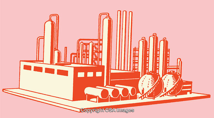 Illustrated Industrial Facility in Retro Color Line Art Style