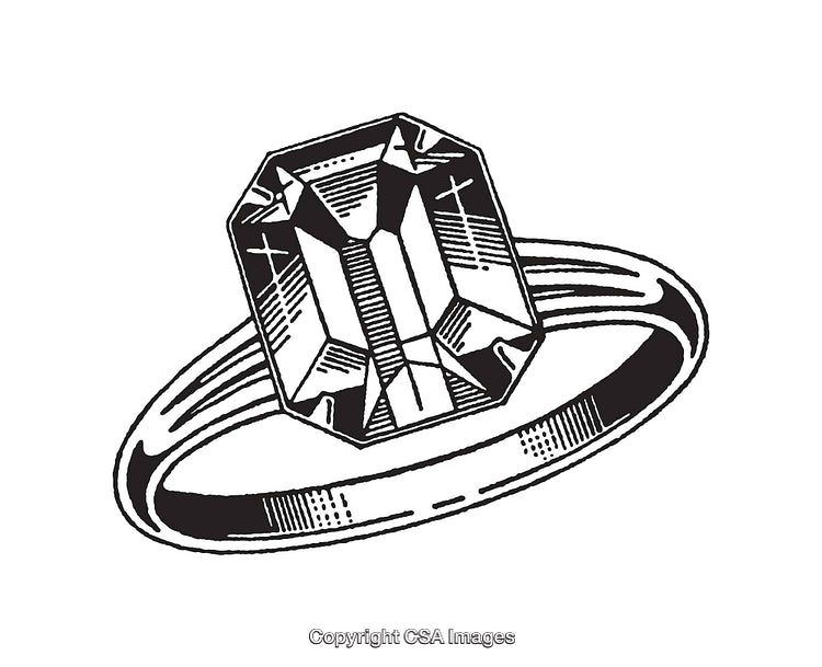 Vintage Black And White Line Art of a Ring With a Gemstone