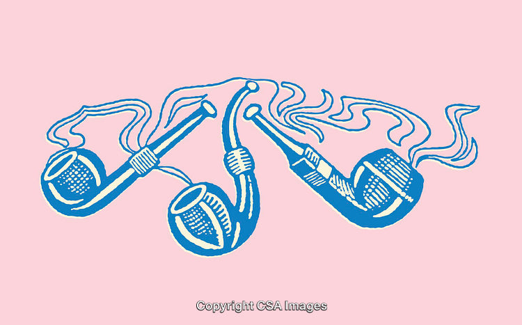 Vintage Smoking Pipes Illustration with Intricate Blue Line Art on Pink Background