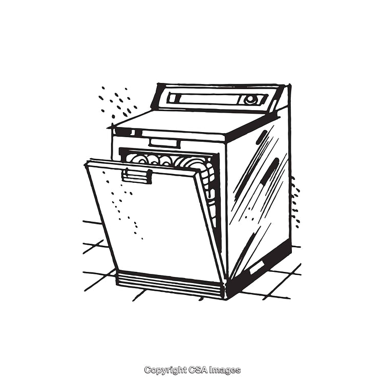 Black and White Illustration of a Dishwasher with Open Door