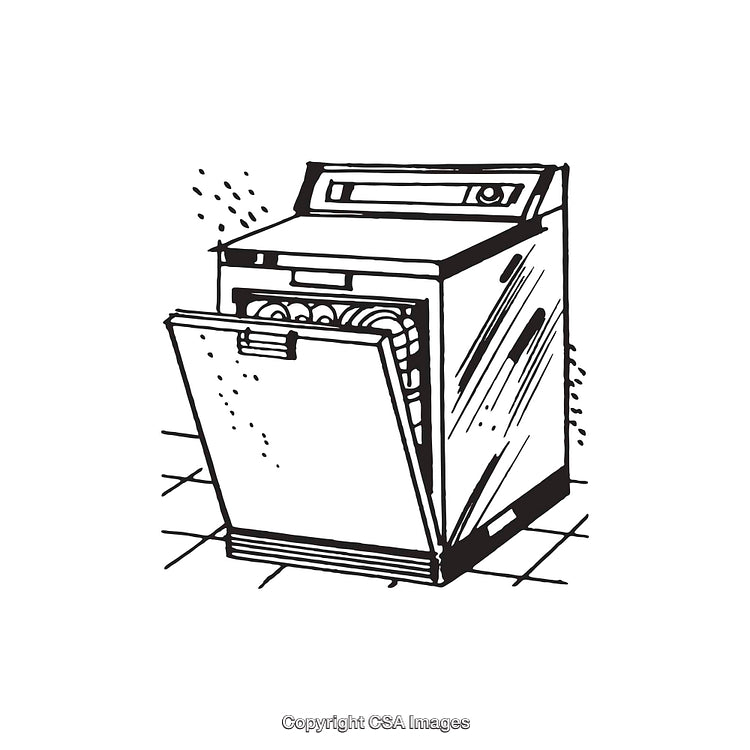Black and White Illustration of a Dishwasher with Open Door