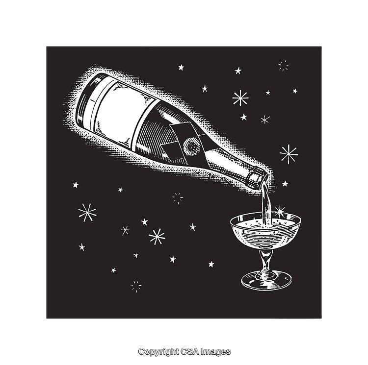Elegant Black-And-White Line Art of Champagne Pouring Into Glass