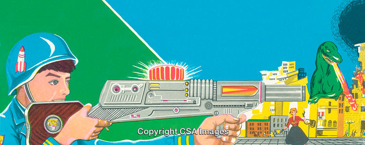 Colorful Retro Style Illustration Featuring A Battle Scene with a Dinosaur