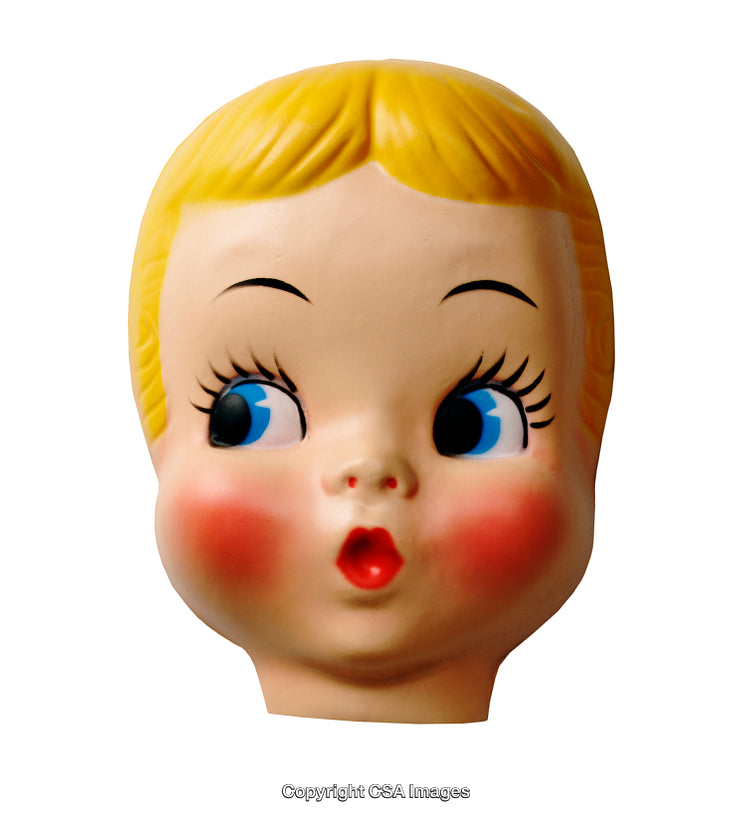 Vintage Plastic Doll Head with Surprised Expression and Blonde Hair