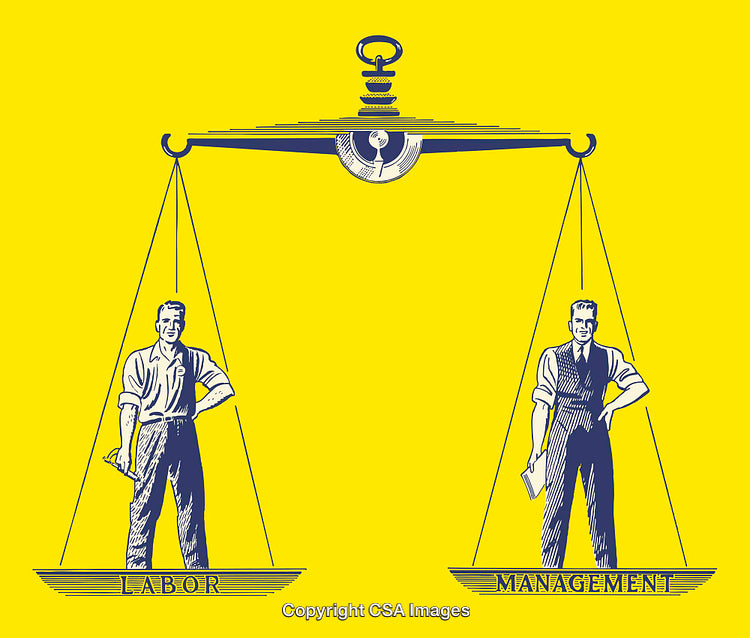 Vintage Illustration of Labor and Management on Balanced Scales