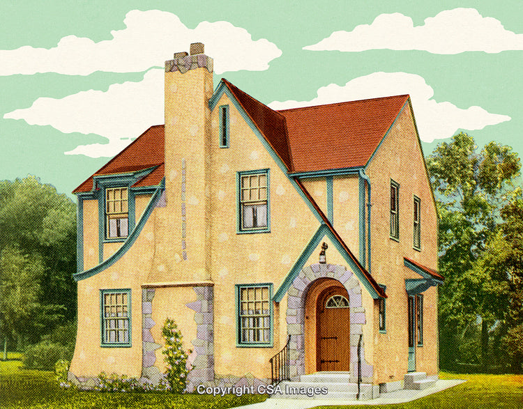 Vintage Illustration of a Cottage Style House with Charming Details