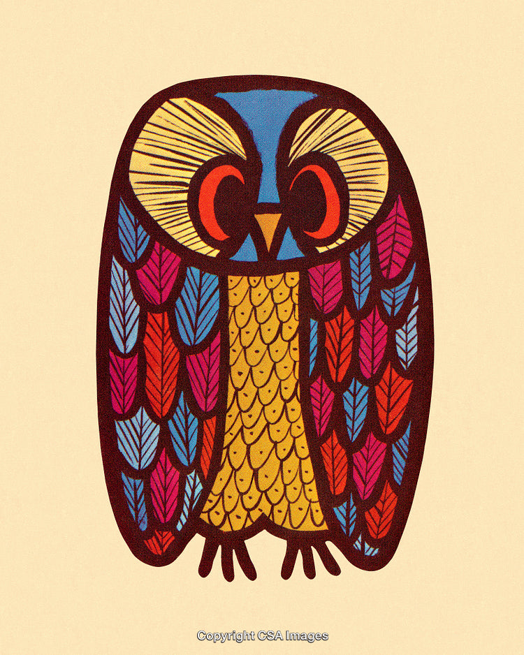Colorful Stylized Owl Artwork with Bright Decorative Feather Patterns
