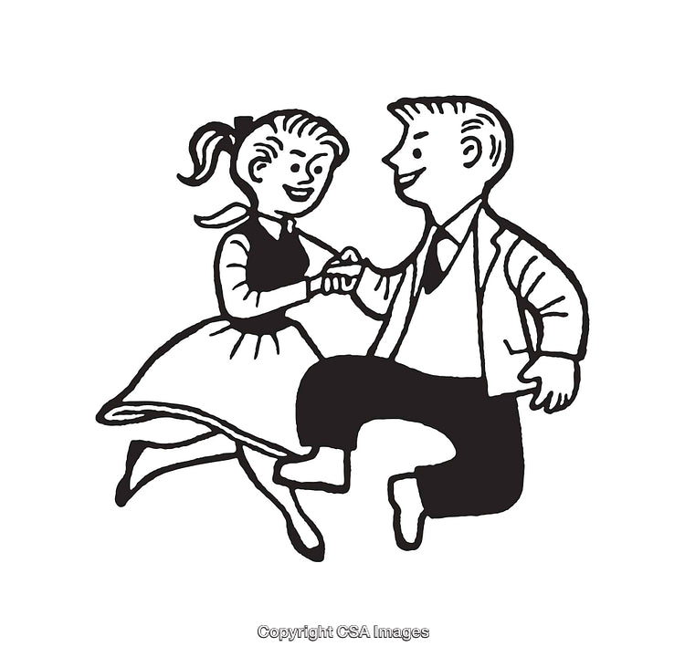Retro Line Art Illustration of a Happy Dancing Couple