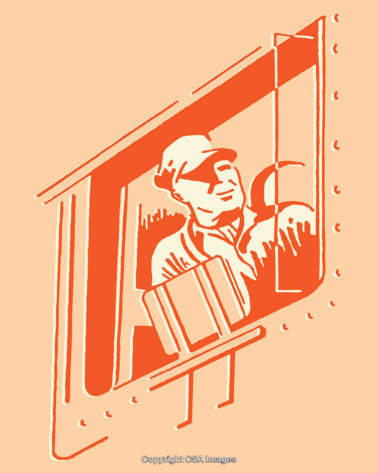 Illustration of a Worker in a Train Window in Vintage Line Art Style