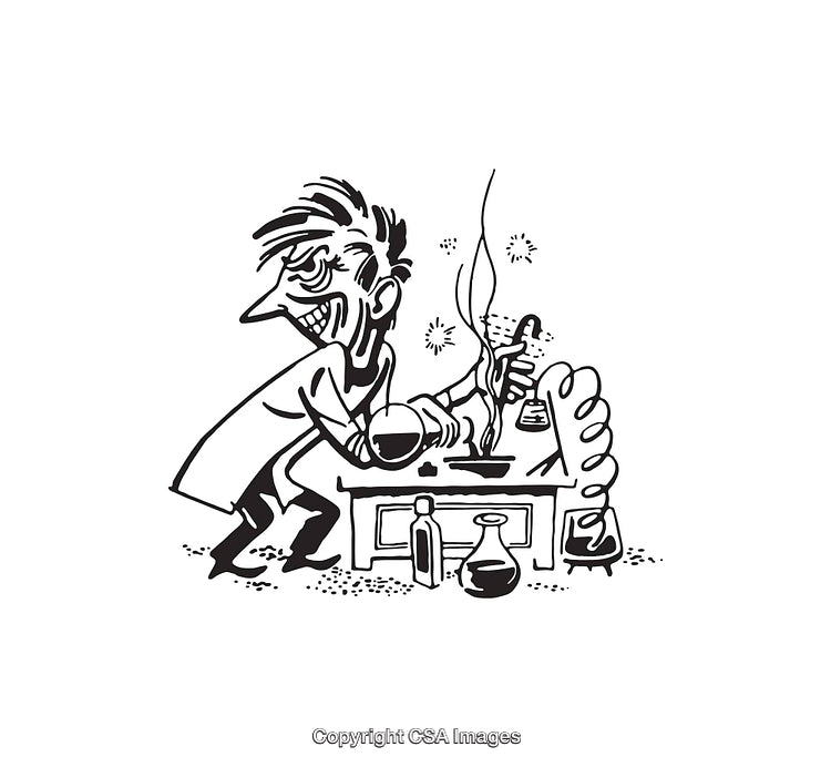Cartoon Scientist Working With Laboratory Equipment in Black and White Line Art