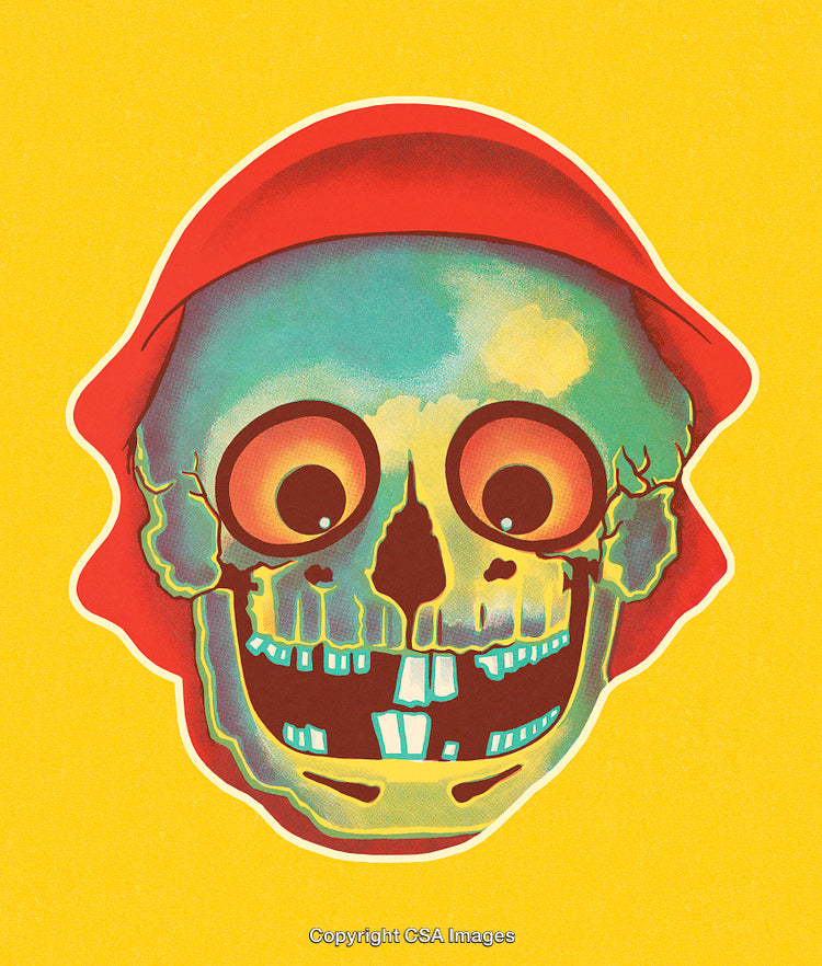Vibrant Illustrated Skull With Large Eyes and Red Hat on Yellow Background