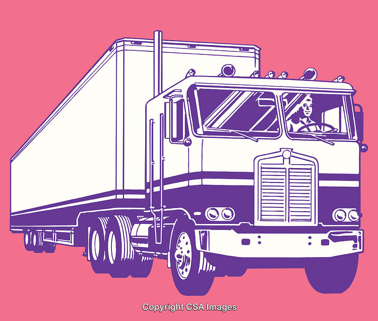 Colorful Line Art of Semi-Truck with Female Driver in Pink Background