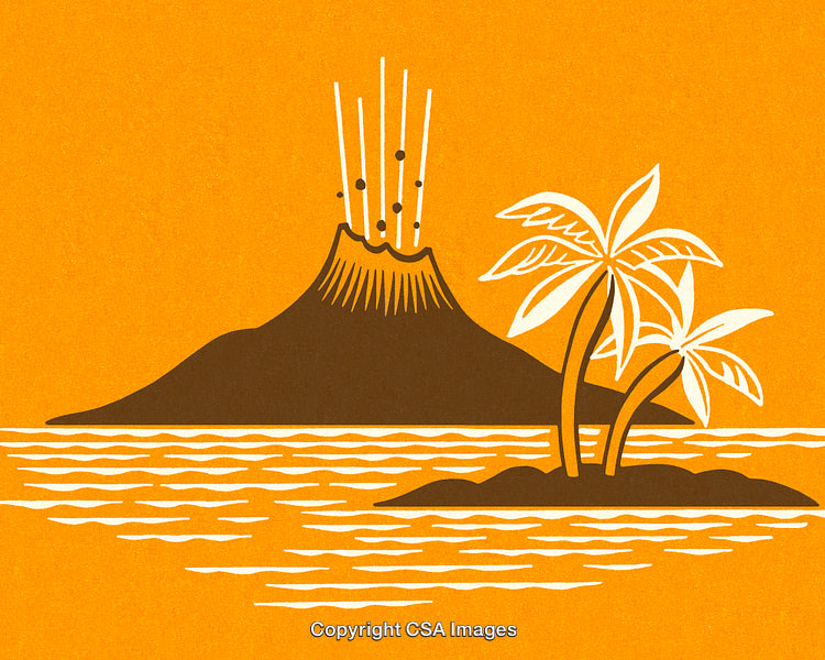 Vibrant Illustration of a Tropical Island with Volcano and Palm Trees