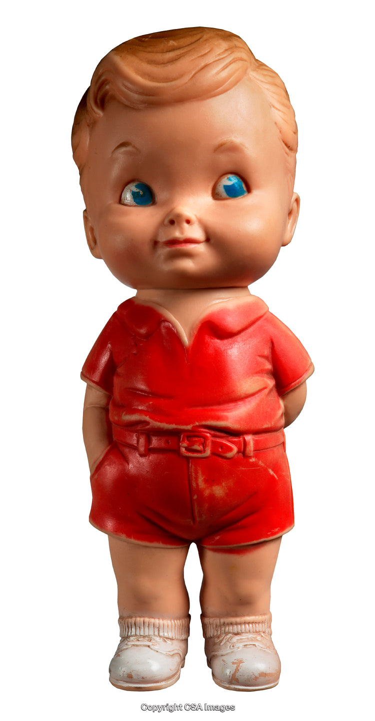Vintage Plastic Toy Figure With Cute Expression in Red Outfit