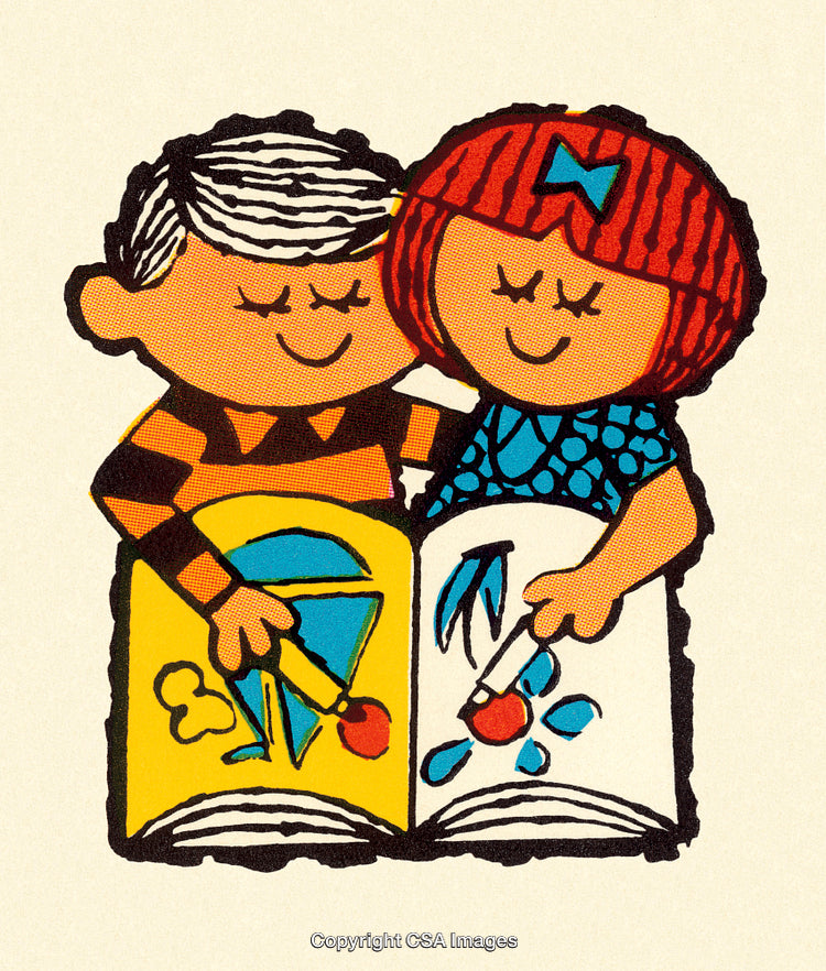 Illustration of Two Children Reading Books Together in a Vintage Artistic Style