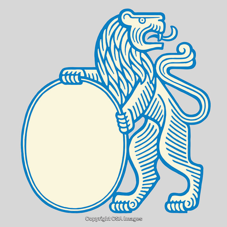 Blue Line Art Lion Holding Blank Oval Emblem on Gray Background