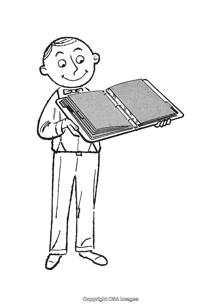 Black and White Illustration of a Smiling Man Holding an Open Book