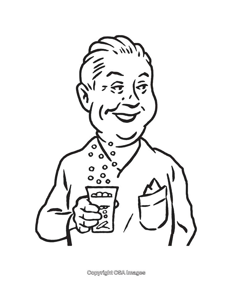 Black And White Illustration of a Smiling Person Holding a Glass