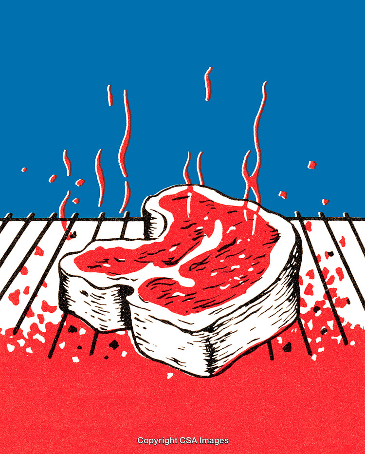 Vibrant Illustration of a Steak Grilling on Barbecue