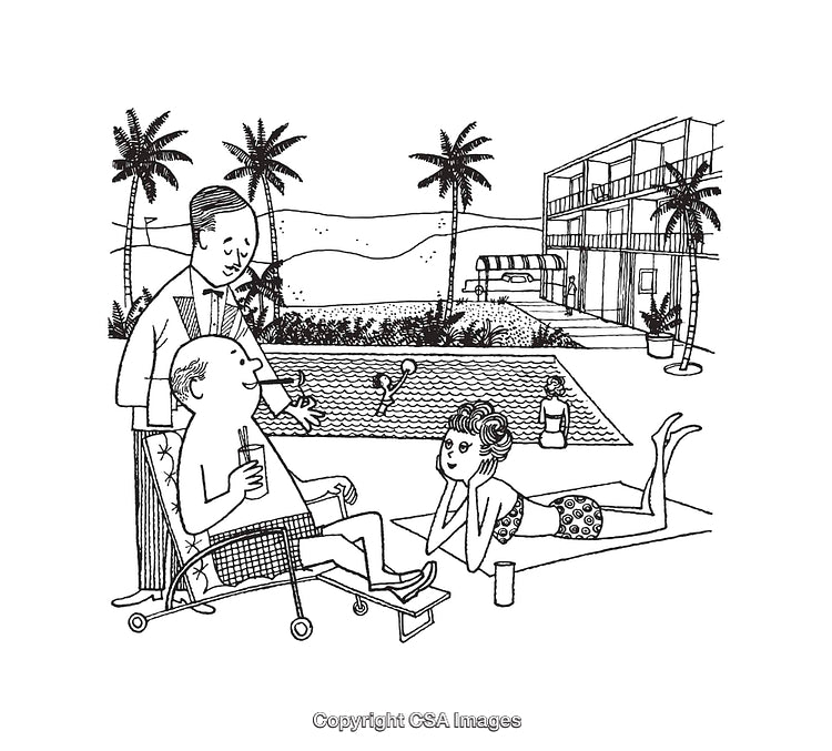 Vintage Line Art of Retro Poolside Leisure at a Resort