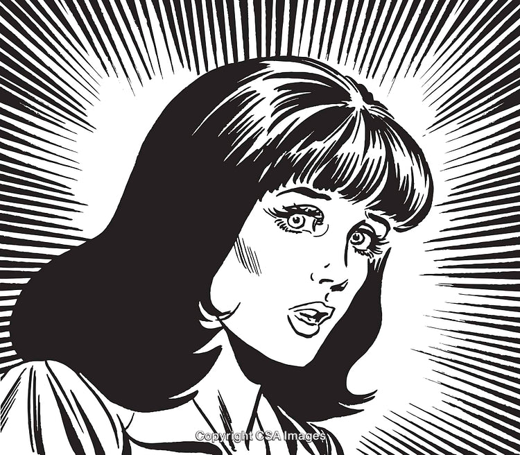 Illustration of Shocked Woman in Comic Book Style Close-Up Art