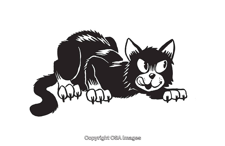Playful Cartoon Cat Illustration in Black and White Line Art Style