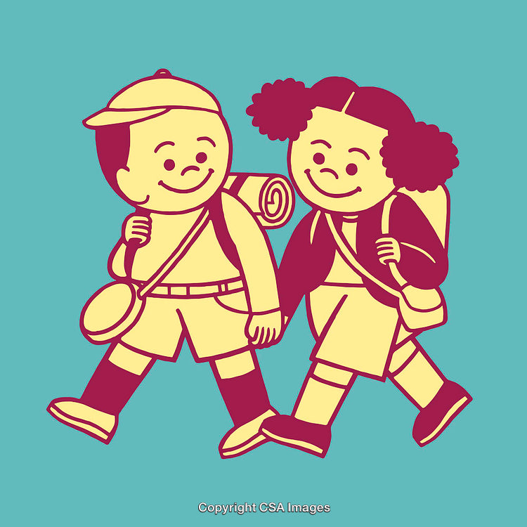 Two Children Hiking Together in Stylized Color Illustration