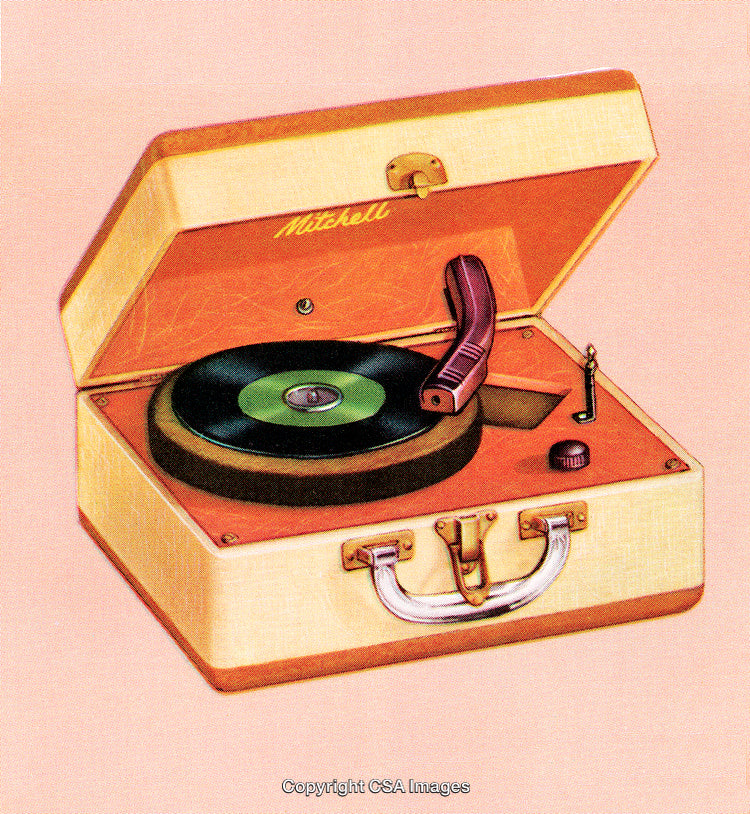 Retro Illustration of a Vintage Portable Record Player on Pink Background