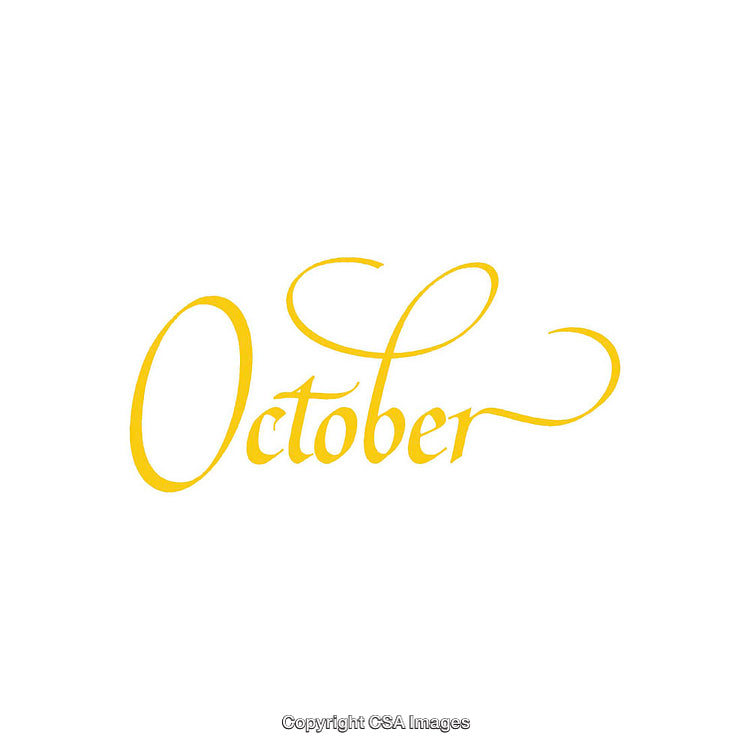 Elegant Calligraphy of October in Golden Yellow Text on White Background