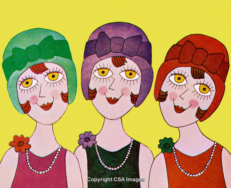 Colorful Retro Illustration of Three Women With Bowed Hats and Smiling Expressions