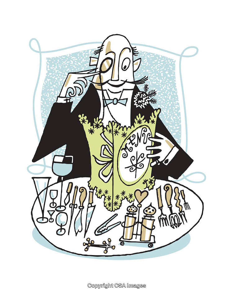 Elegant Gentleman Reading Menu at Decorated Restaurant Table Illustration