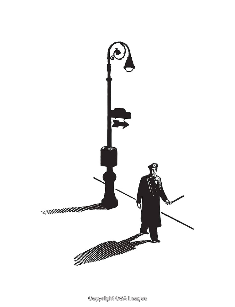 Vintage Black and White Illustration of Urban Scene with Policeman