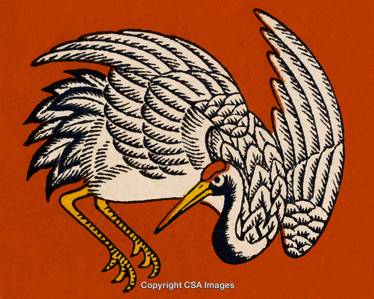 Vintage Styled Crane Illustration on Vibrant Orange Background