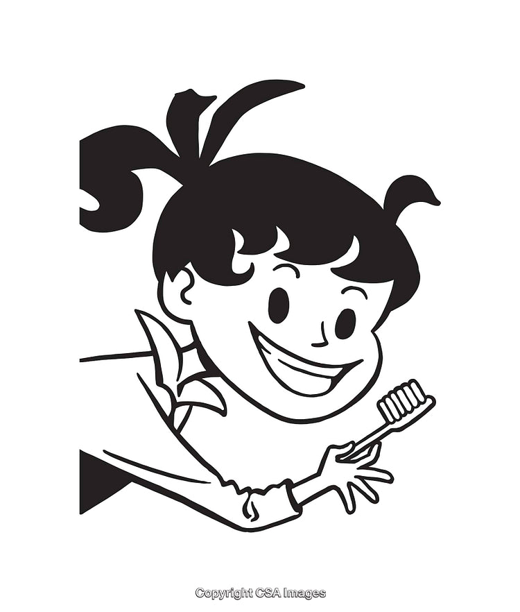 Black and White Line Art of Smiling Girl Holding Toothbrush