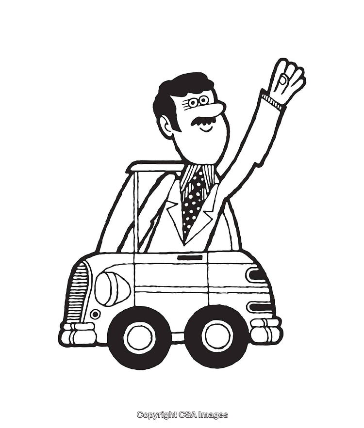 Whimsical Line Art Depicting a Man in Cartoon Car with Hand Gesture