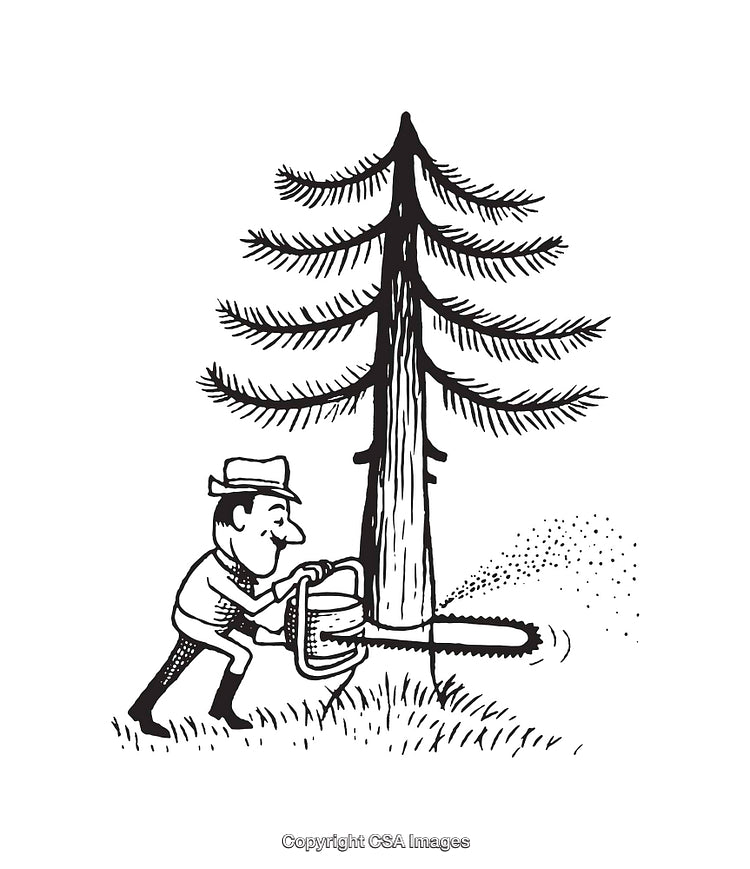 Black and White Illustration of a Lumberjack Cutting Down a Tree with Chainsaw