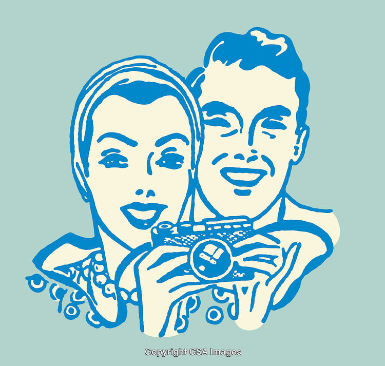 Retro Illustration of a Smiling Couple with a Camera in Blue Tones