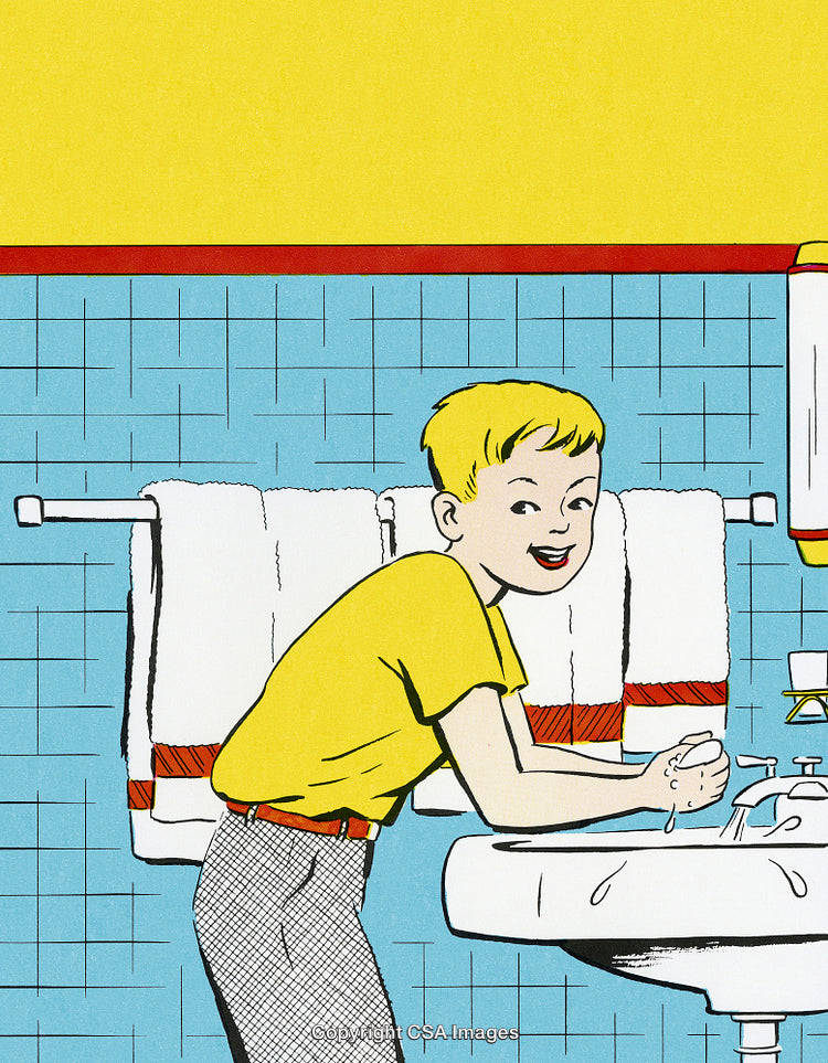 Child Washing Hands at Bathroom Sink in Retro Style Illustration