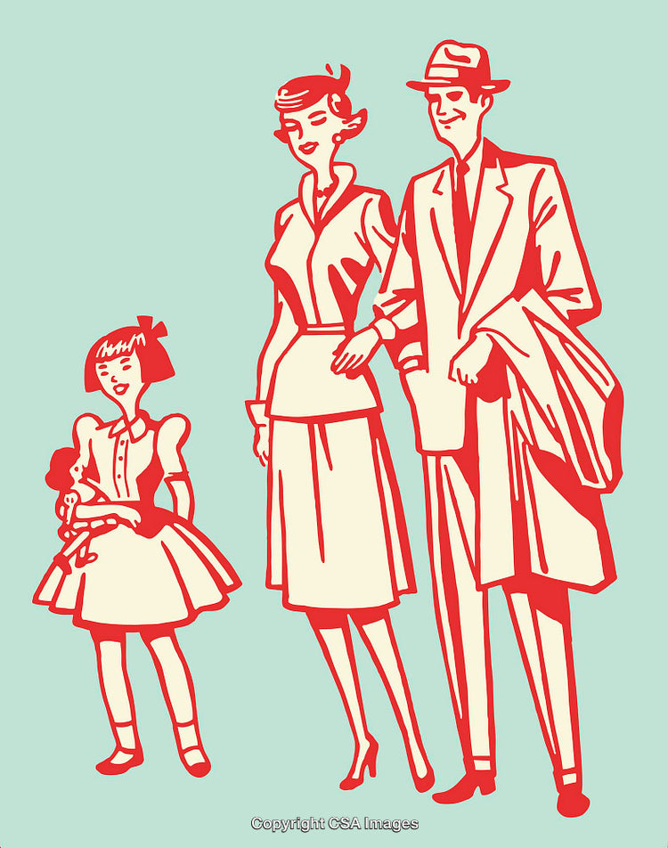 Retro Style Illustration of a Family with Parents and Daughter