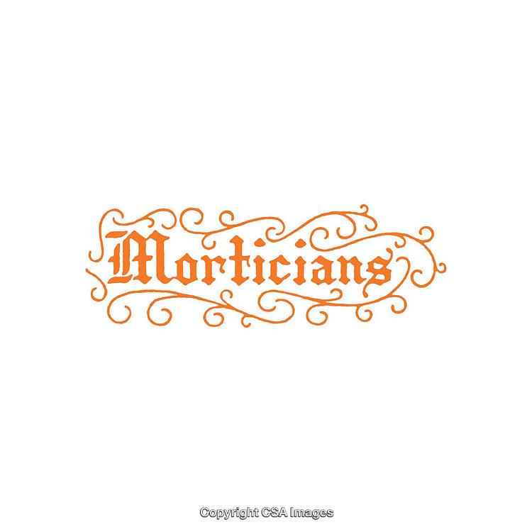 Ornate Typography Artwork Displaying the Word Morticians in Decorative Orange Design