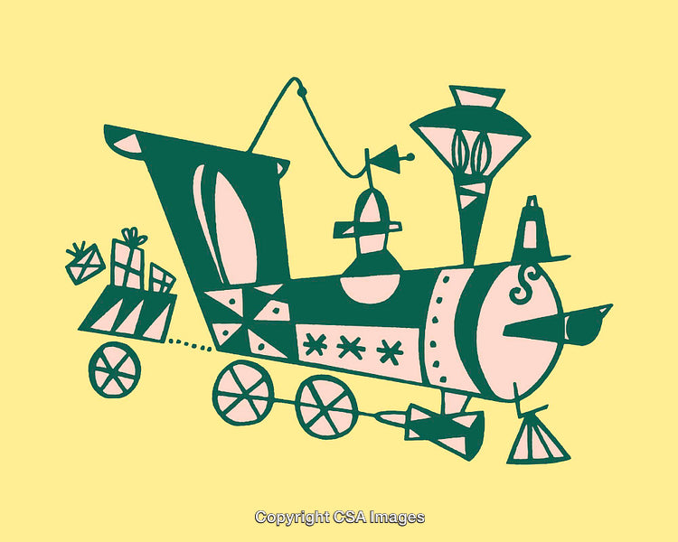 Colorful Abstract Train Illustration with Gifts on Yellow Background