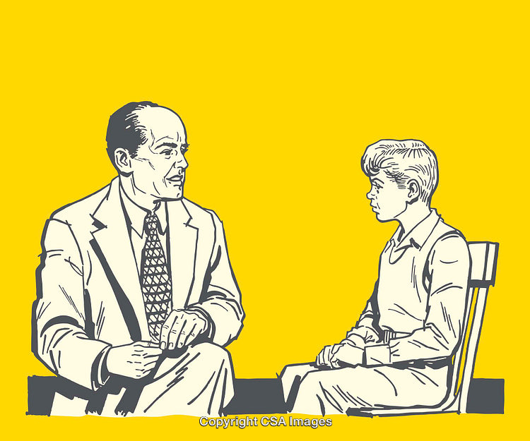 Line Art Illustration of Adult and Child Engaged in Serious Conversation