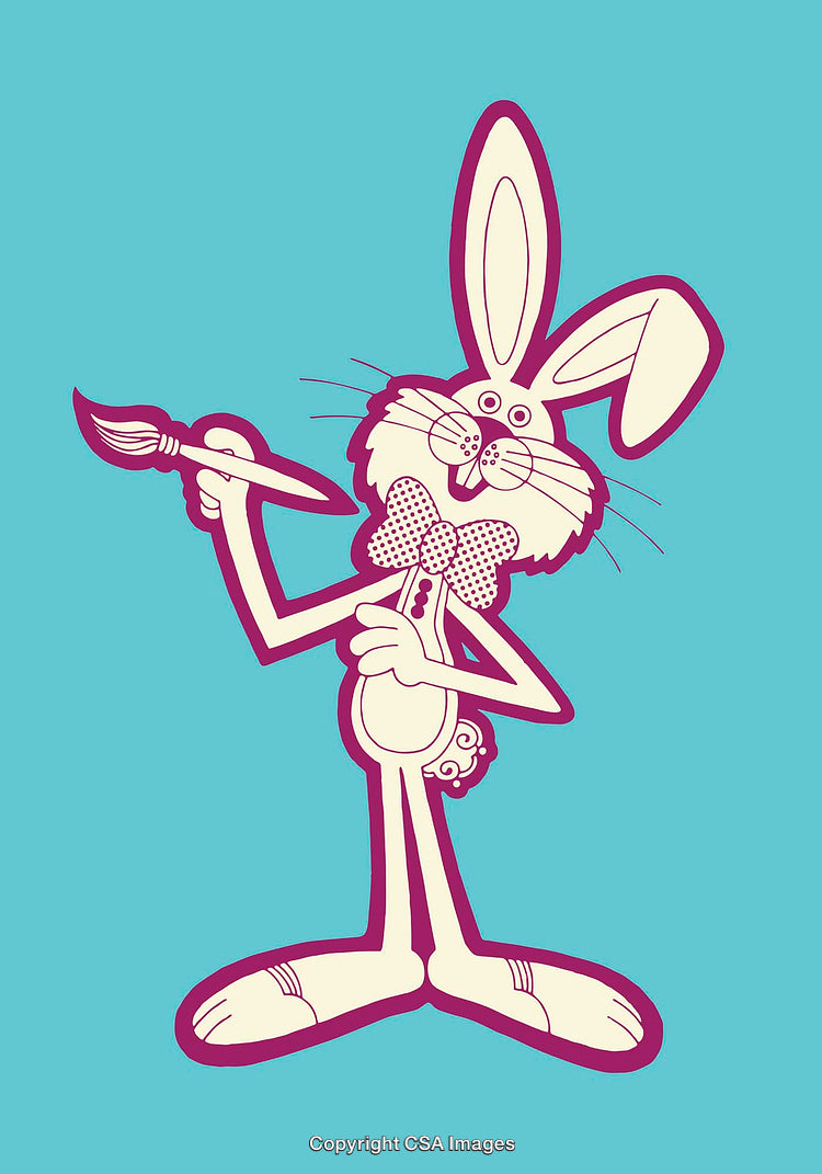 Retro Styled Rabbit Character Holding Paintbrush On Blue Background