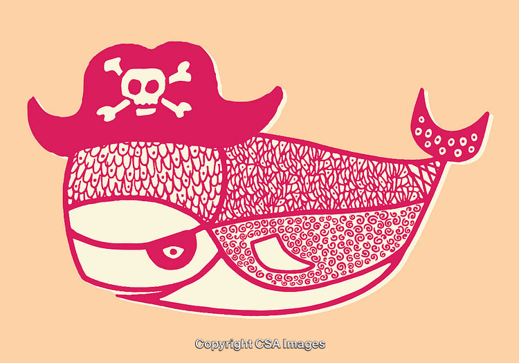 Whimsical Pink Whale Illustration With Pirate Hat in Vibrant Doodle Style