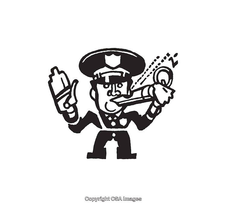 Black and White Line Art of a Whistling Police Officer Illustration