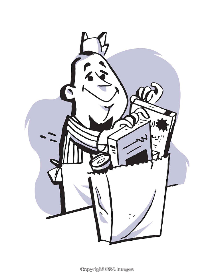 Cartoon Illustration of Smiling Grocer Packing a Paper Grocery Bag